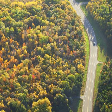 Aerial view of a road curving through woods in fall color in Minnesota